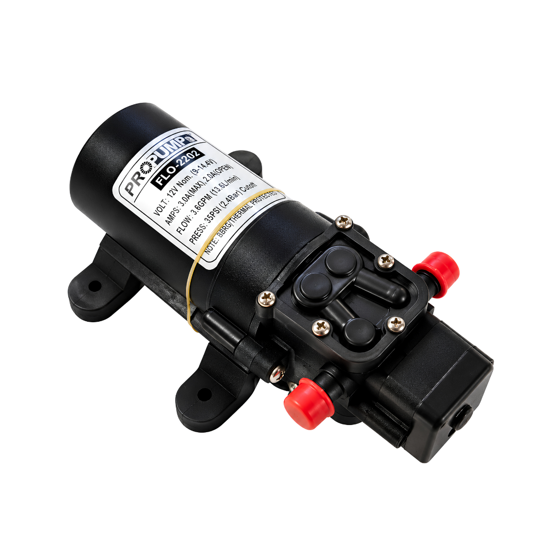 12 Volt DC 002 Diaphragm Pump, compact 42W self-priming water pressure booster pump with 4.2 L/min maximum flow and 2.5 bar pressure for caravans, boats, camper vans and 4x4 water systems.