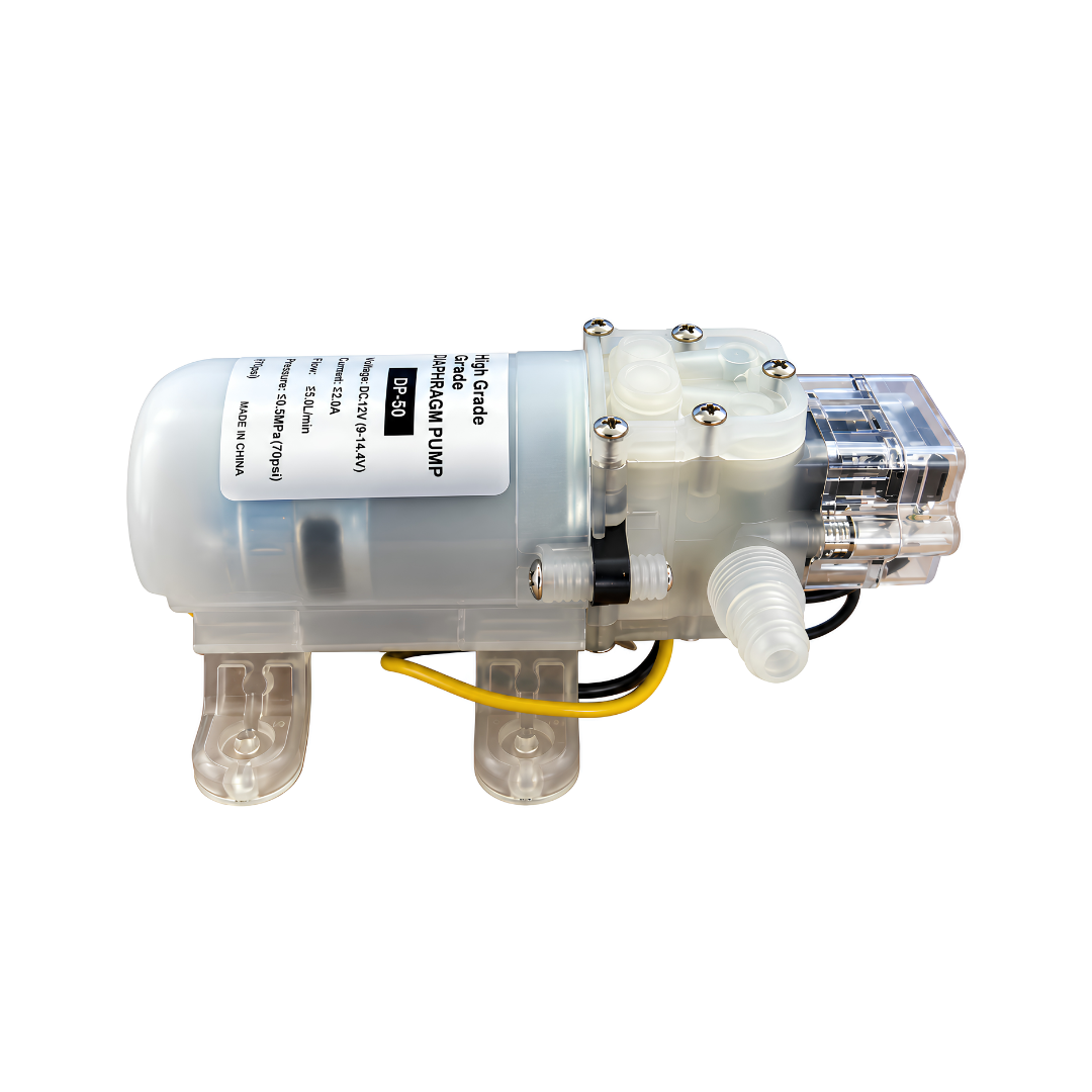 12 Volt Food Grade Diaphragm Pump XDC 4450, compact 30W self-priming liquid transfer pump with 3.8 L/min flow rate, 1 bar pressure and 10mm hose connections for drinking water and beverage dispensing applications.
