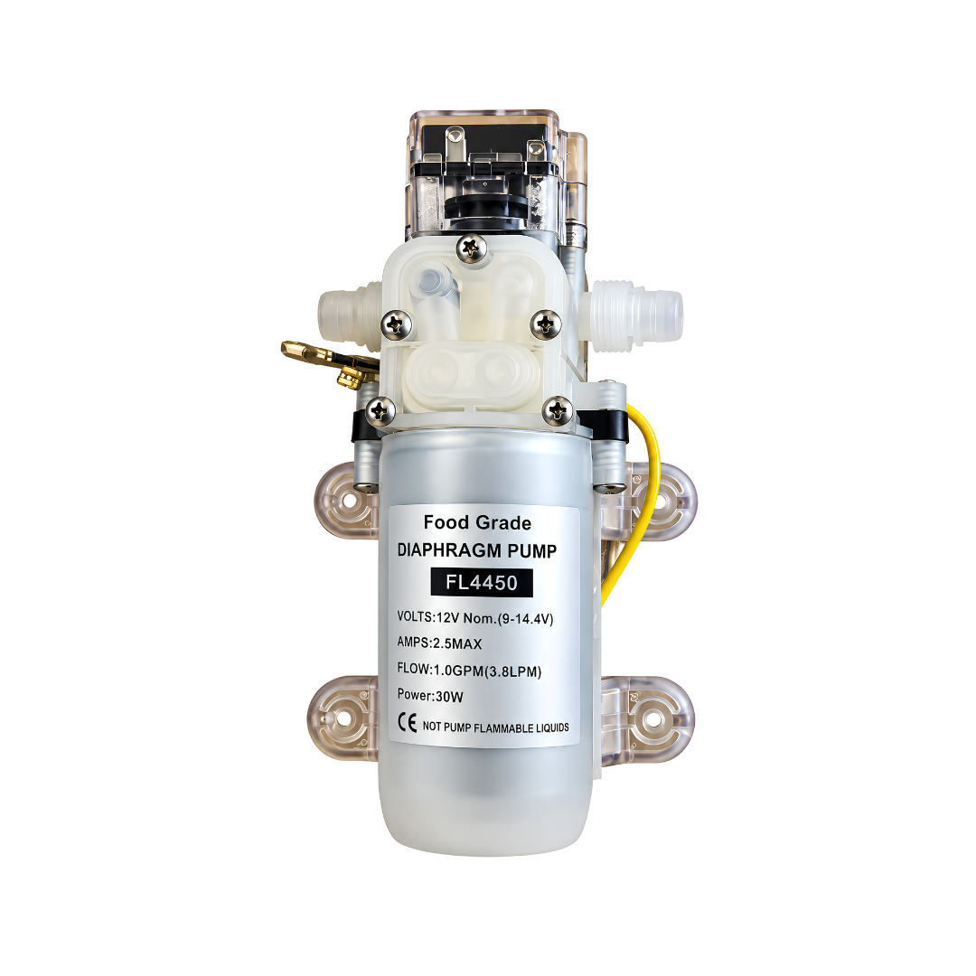 12 Volt Food Grade Diaphragm Pump XDC 4450, compact 30W self-priming liquid transfer pump with 3.8 L/min flow rate, 1 bar pressure and 10mm hose connections for drinking water and beverage dispensing applications.