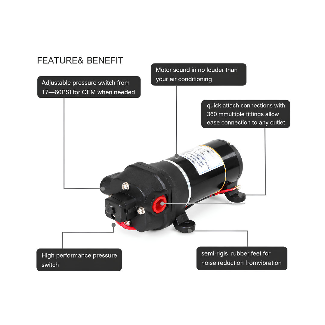XC-SP 006 FL35 12 Volt Water Pump, automatic self-priming diaphragm pump with 12.5 L/min maximum flow rate, 35 PSI pressure switch and water filter for caravans, boats and off-grid water systems.