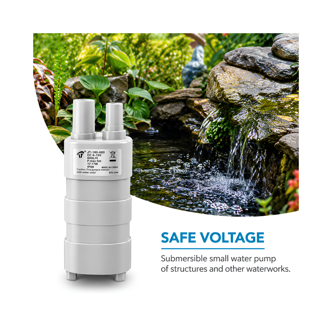 12 Volt Utility Shower Pump, compact 12V DC submersible water pump with 10mm outlet, up to 11 L/min flow and 5m maximum head for camping showers, caravans, jerry cans and portable water transfer.