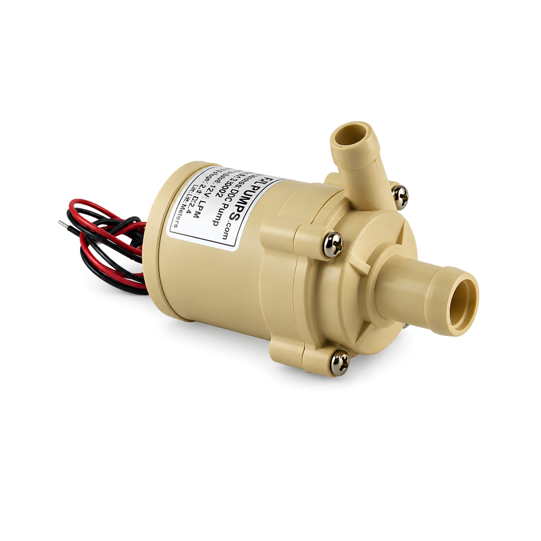 12 VOLT XCSP 005 12 volt DC Pump, compact food-grade brushless inline centrifugal water pump with 390 L/h maximum flow, 2.5m lift and magnetic drive for coffee machines, water dispensers and liquid circulation.