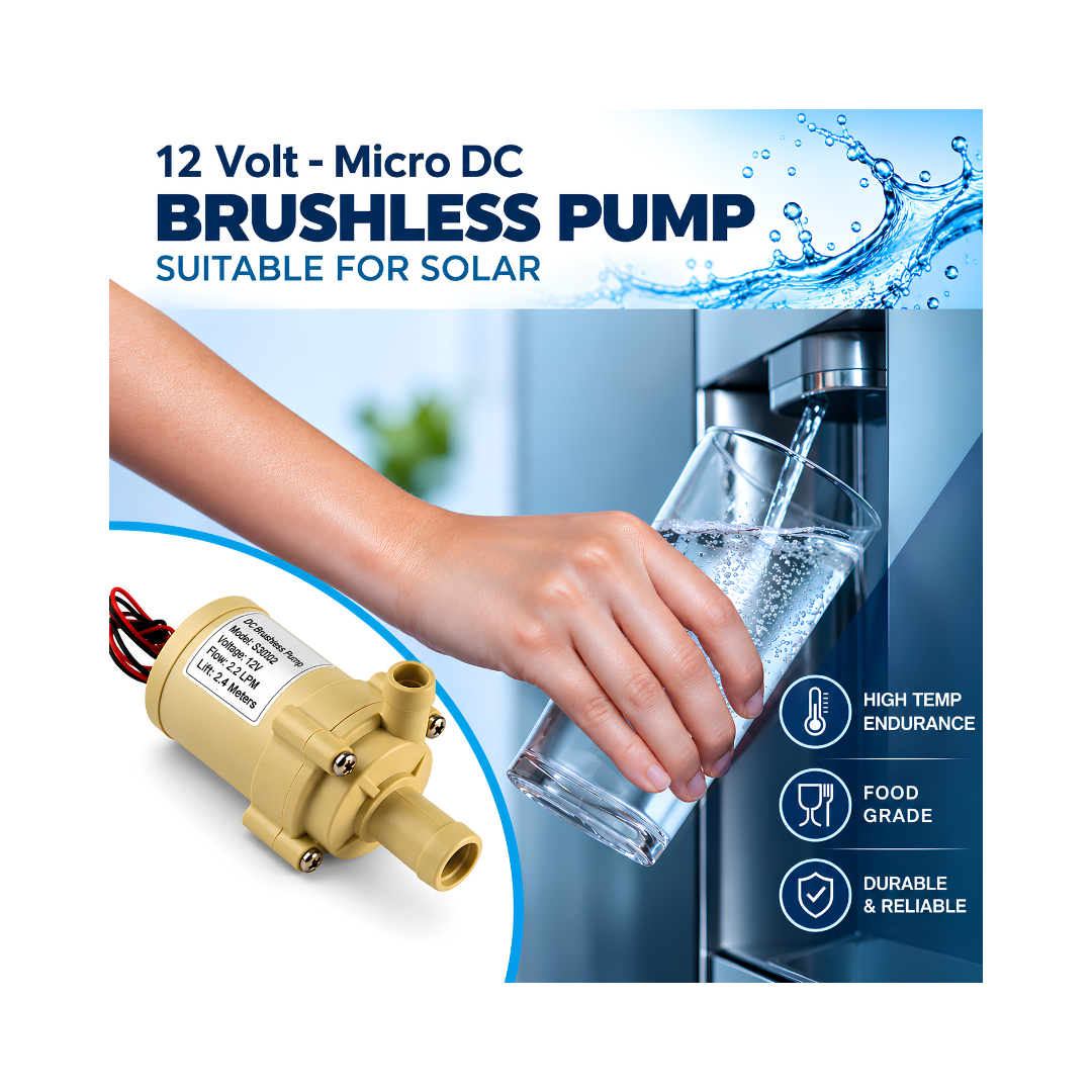 12 VOLT XCSP 005 12 volt DC Pump, compact food-grade brushless inline centrifugal water pump with 390 L/h maximum flow, 2.5m lift and magnetic drive for coffee machines, water dispensers and liquid circulation.