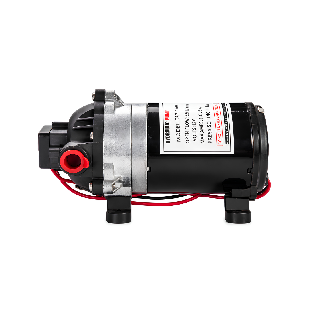 24 Volt DC 14 Bar High Pressure Diaphragm Pump XDP200B with 10 L/min flow rate, 200 PSI maximum pressure, five-chamber diaphragm, automatic pressure switch and pre-filter for car washing, agricultural spraying and misting systems.