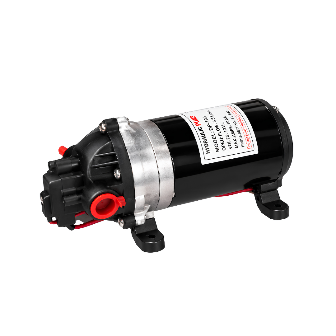 24 Volt High Pressure 11 Bar Diaphragm Pump with 5.5 L/min flow rate, 160 PSI maximum pressure, automatic pressure switch, self-priming design and 10mm hose connection for portable car washing, agricultural spraying and misting systems.
