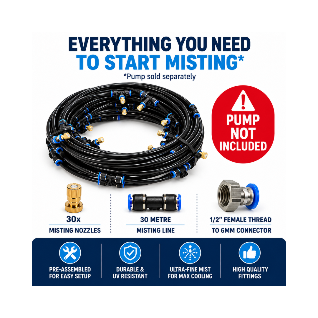 30m Outdoor Misting Cooling Kit with 30 fine misting nozzles and durable 6mm tubing, available in black or white, ideal for cooling patios, pergolas, braai areas and outdoor entertainment spaces. Pump not included.