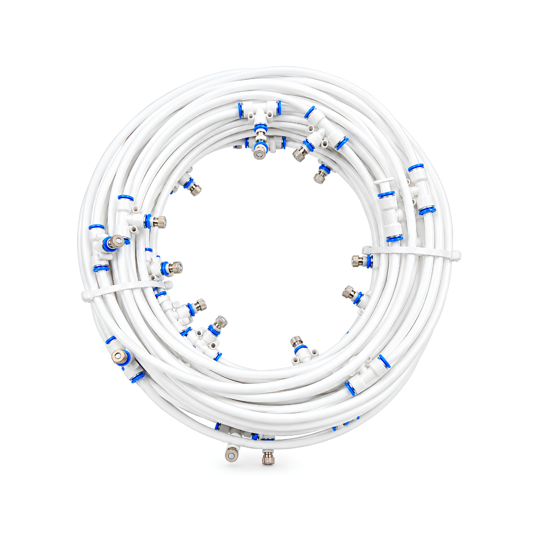30m Outdoor Misting Cooling Kit with 30 fine misting nozzles and durable 6mm tubing, available in black or white, ideal for cooling patios, pergolas, braai areas and outdoor entertainment spaces. Pump not included.
