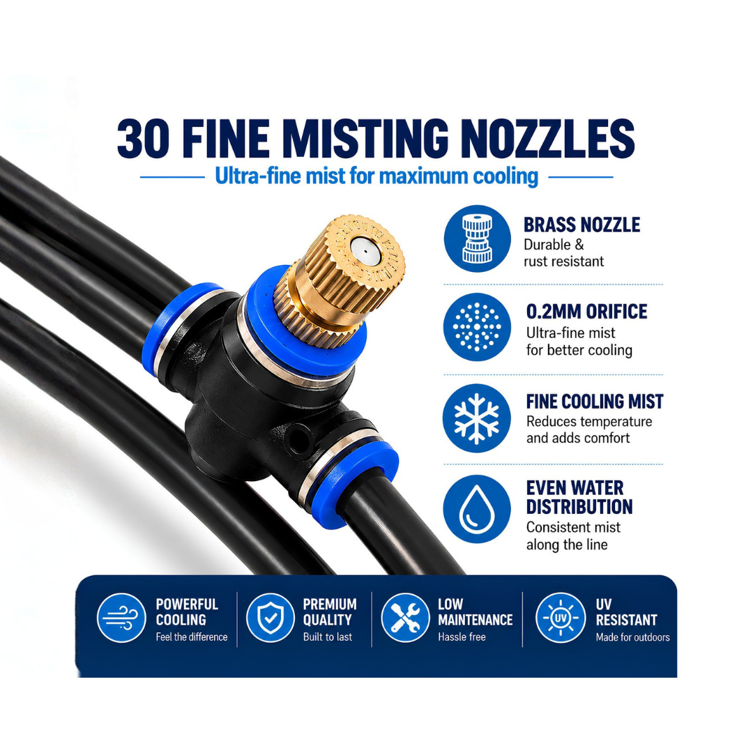 30m Outdoor Misting Cooling Kit with 30 fine misting nozzles and durable 6mm tubing, available in black or white, ideal for cooling patios, pergolas, braai areas and outdoor entertainment spaces. Pump not included.