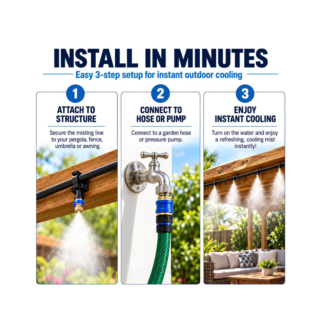 30m Outdoor Misting Cooling Kit with 30 fine misting nozzles and durable 6mm tubing, available in black or white, ideal for cooling patios, pergolas, braai areas and outdoor entertainment spaces. Pump not included.