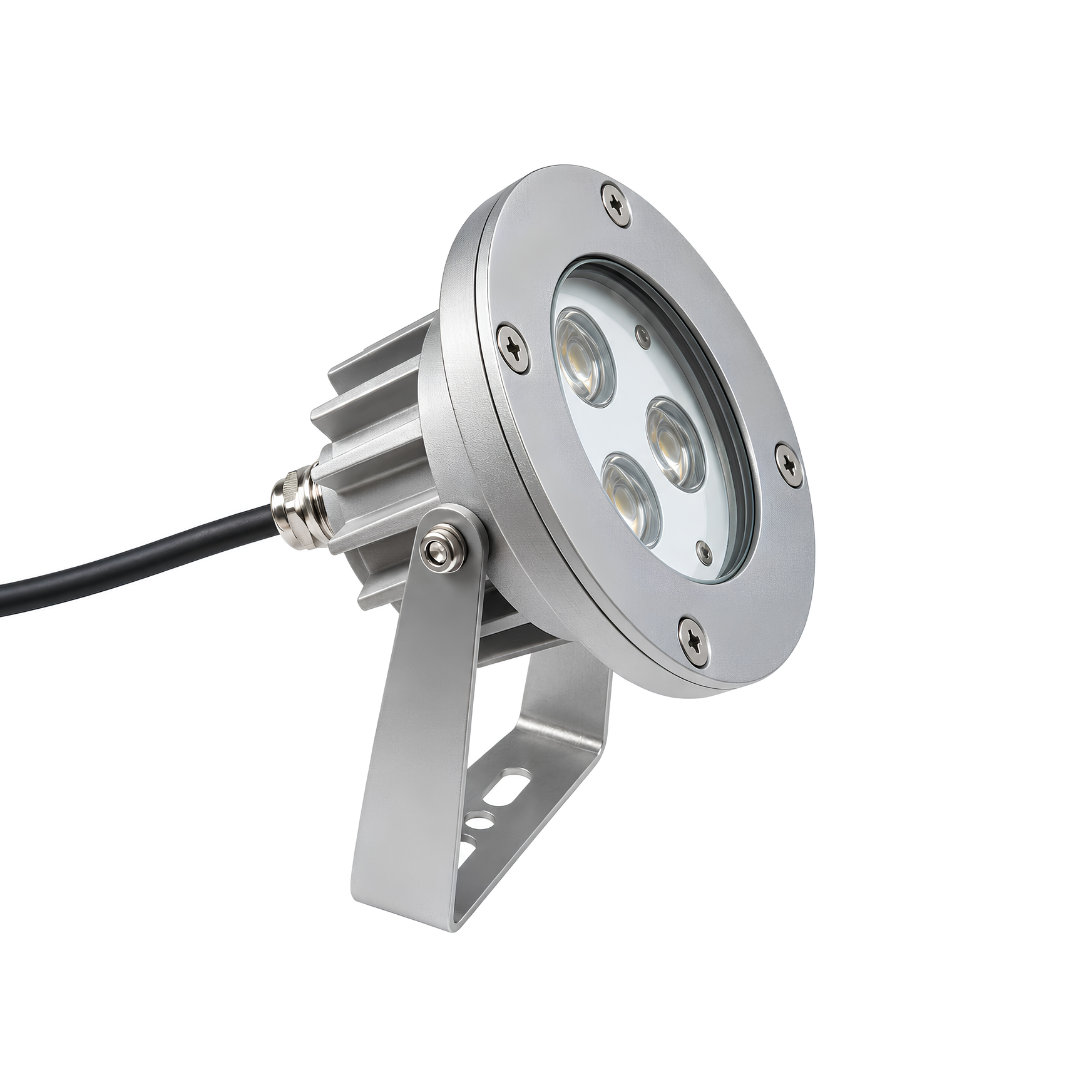 3W LED Landscape Spotlight with garden ground spike, IP67 waterproof stainless steel and aluminium housing, designed for outdoor garden lighting, pathways, trees, plants, landscaping and water features.