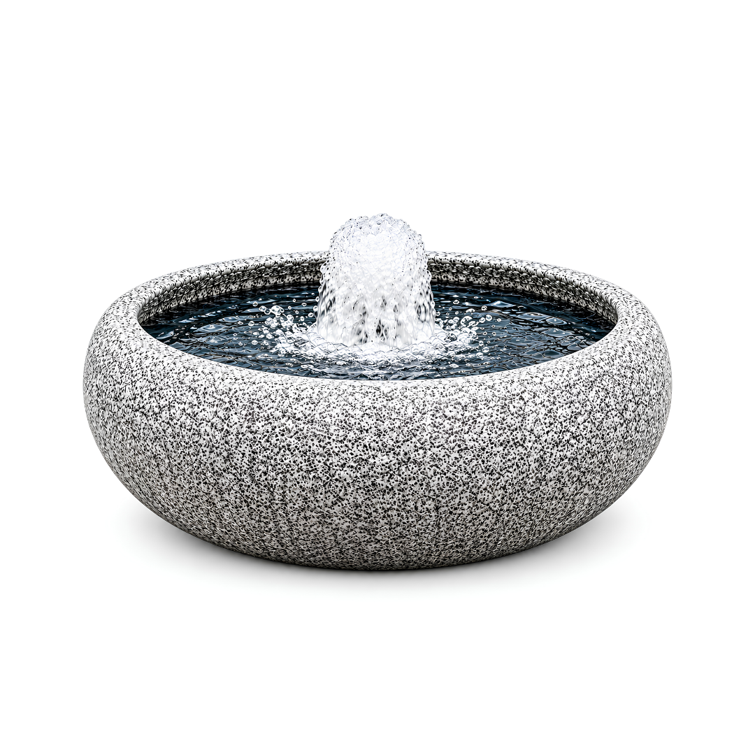 All-in-One Fountain Water Feature with granite-finish 50 cm round basin, available with solar-powered or electric-powered water pump and interchangeable fountain nozzles for gardens, patios and outdoor spaces.