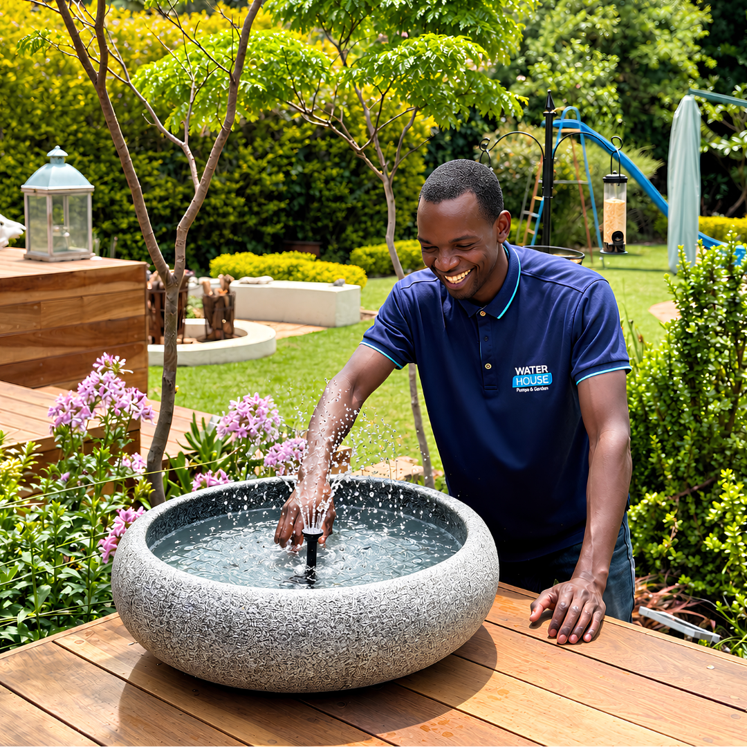 All-in-One Fountain Water Feature with granite-finish 50 cm round basin, available with solar-powered or electric-powered water pump and interchangeable fountain nozzles for gardens, patios and outdoor spaces.