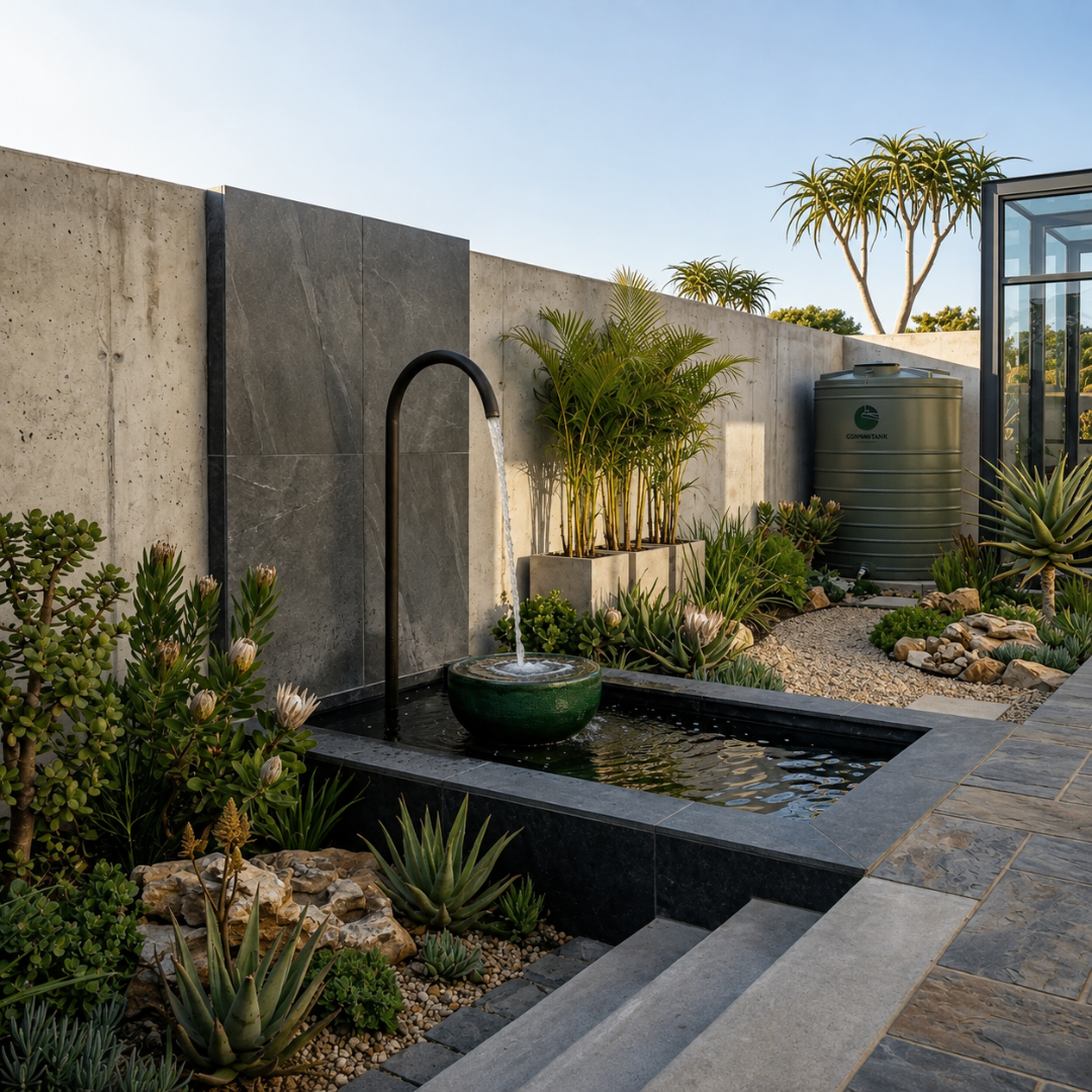 Black Arch Water Spout installed in a modern landscaped garden pond with flowing water feature.
