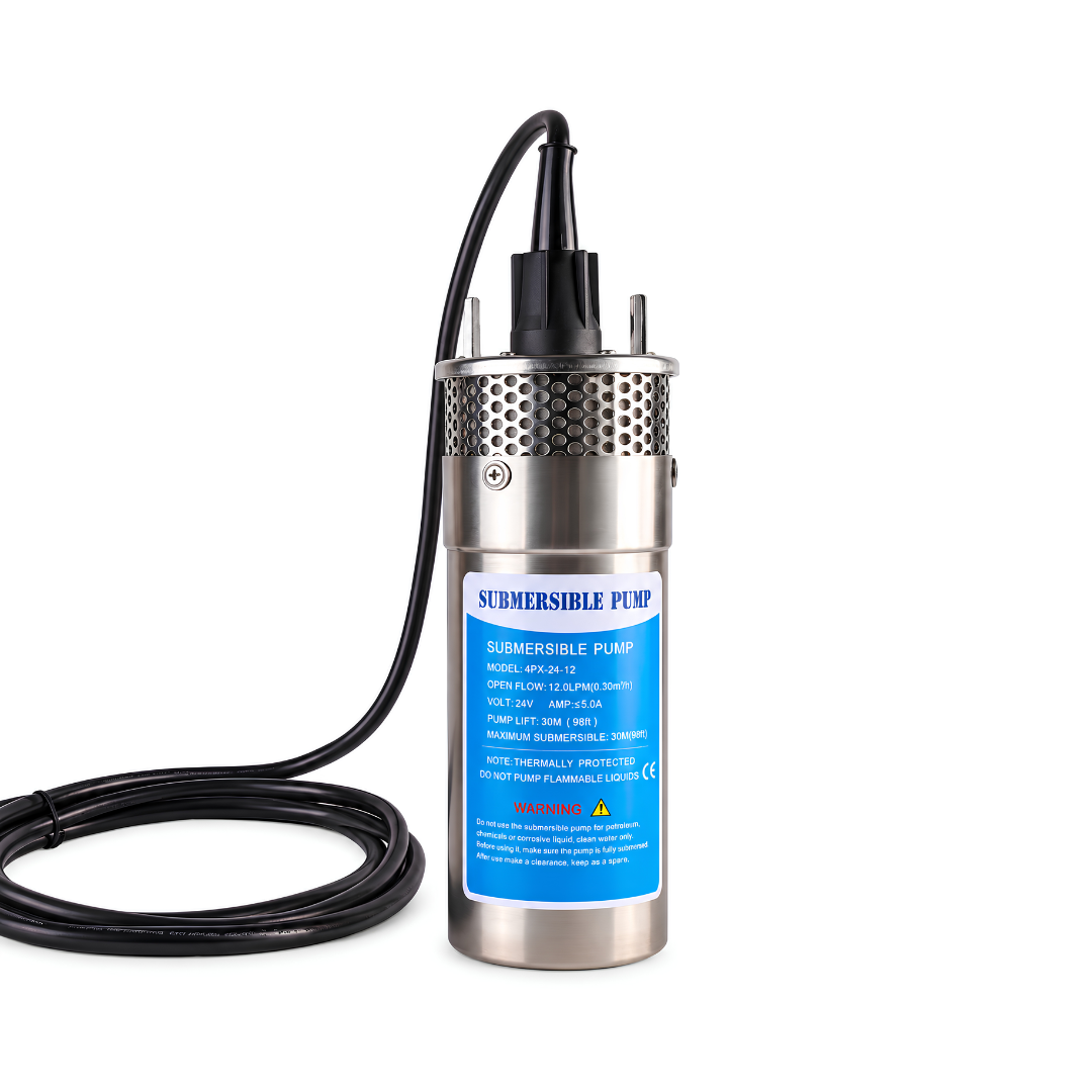 12V DC Solar Borehole Pump with 70m maximum vertical lift, 12 L/min open flow rate, three-chamber diaphragm design and submersible motor for off-grid borehole water extraction, wells and rural water storage.