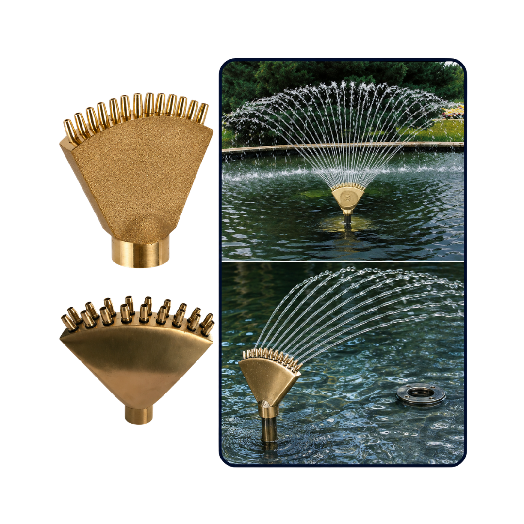 Brass Finger-Like Fountain Nozzle for creating multiple arched water jets in ponds, garden fountains and decorative water features