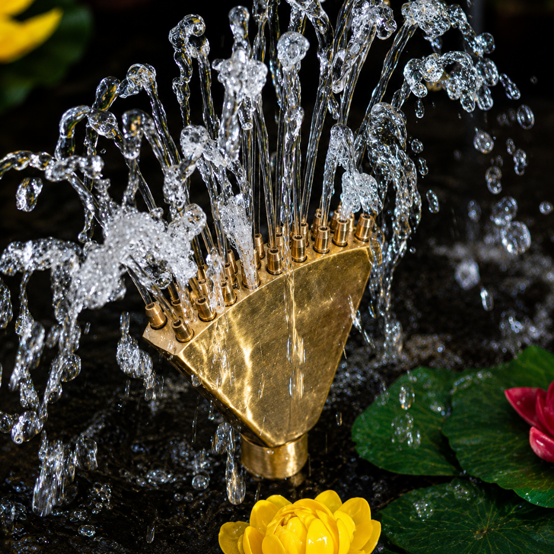 Brass Finger-Like Fountain Nozzle for creating multiple arched water jets in ponds, garden fountains and decorative water features