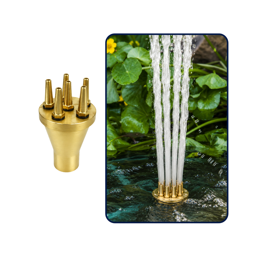 Brass Central Upright Fountain Nozzle with female connection for creating strong vertical water jets in ponds, pools and decorative water features