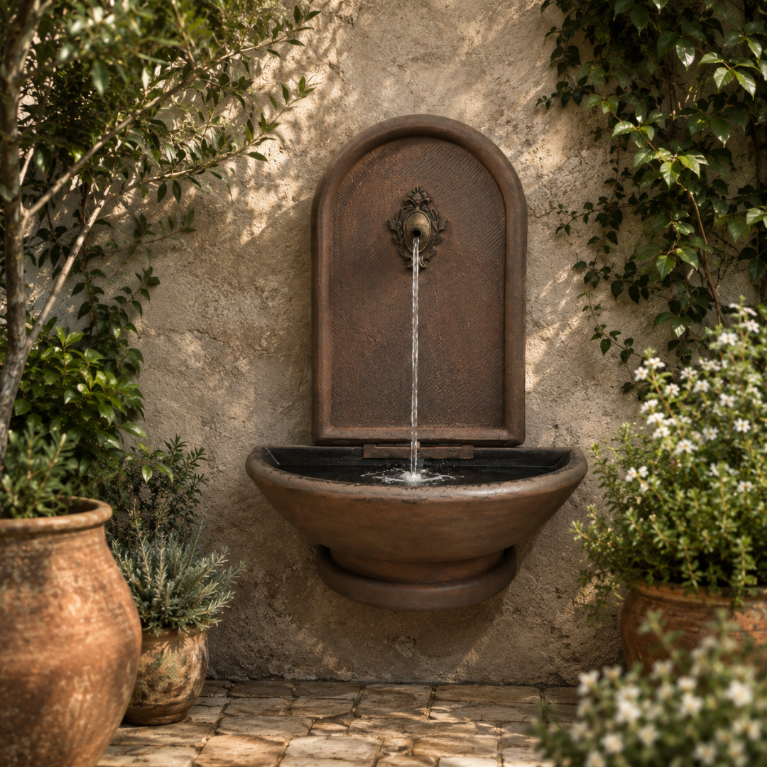 Classical lightweight rust wall-mounted water feature for gardens, patios, courtyards and outdoor decorative spaces