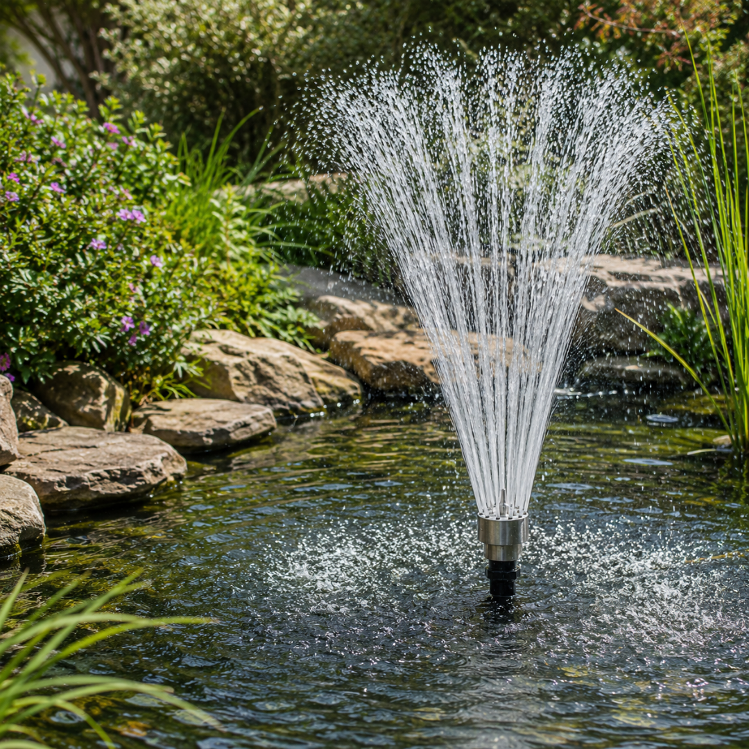 Column Flow Fountain Nozzle for creating clear vertical water columns in ponds, garden fountains and decorative water features