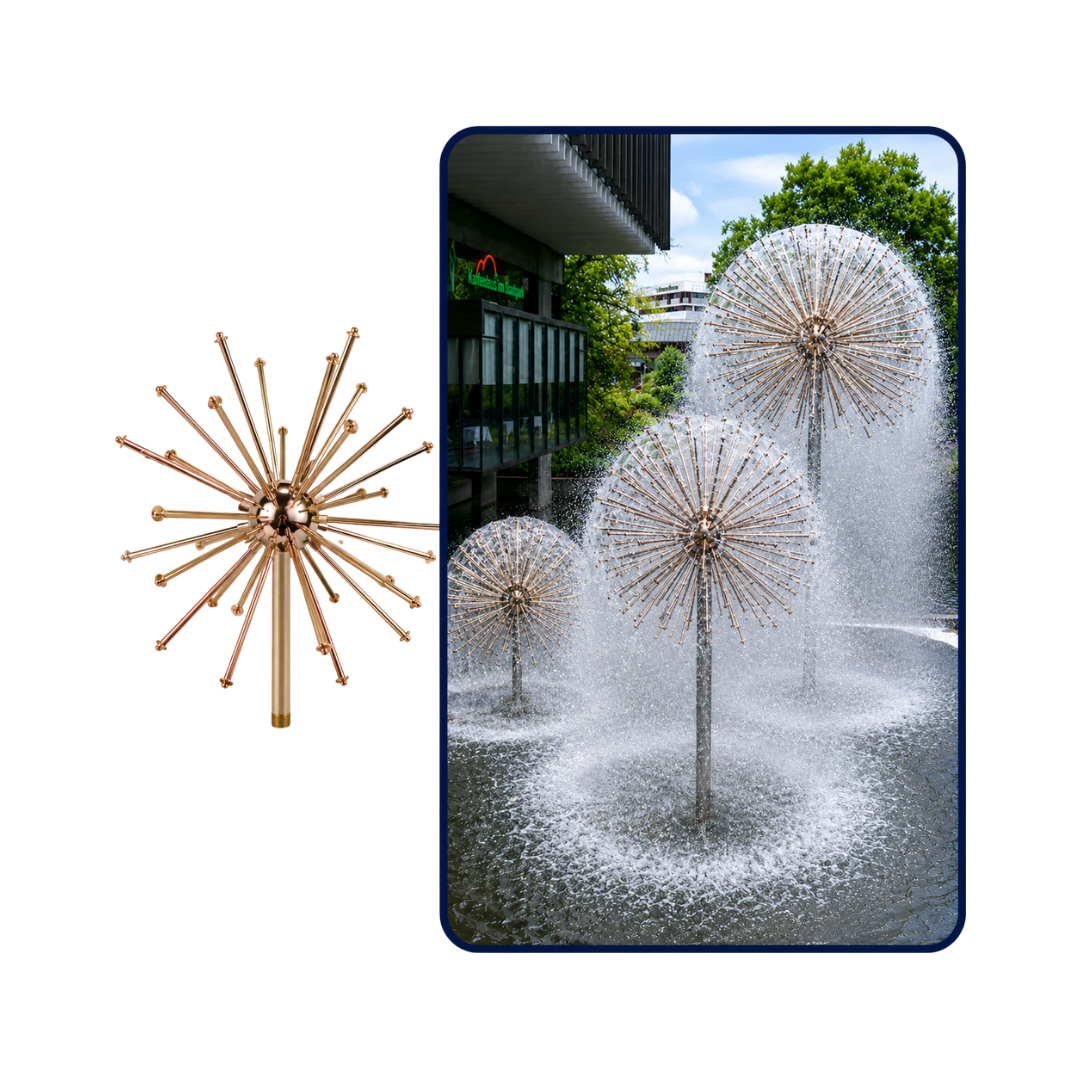 Crystal Ball Dandelion Fountain Nozzle with adjustable multi-jet spherical water spray effect, available in brass and stainless steel with 1½-inch and 2-inch connections, ideal for decorative ponds, garden fountains, architectural water features and illuminated fountain displays.