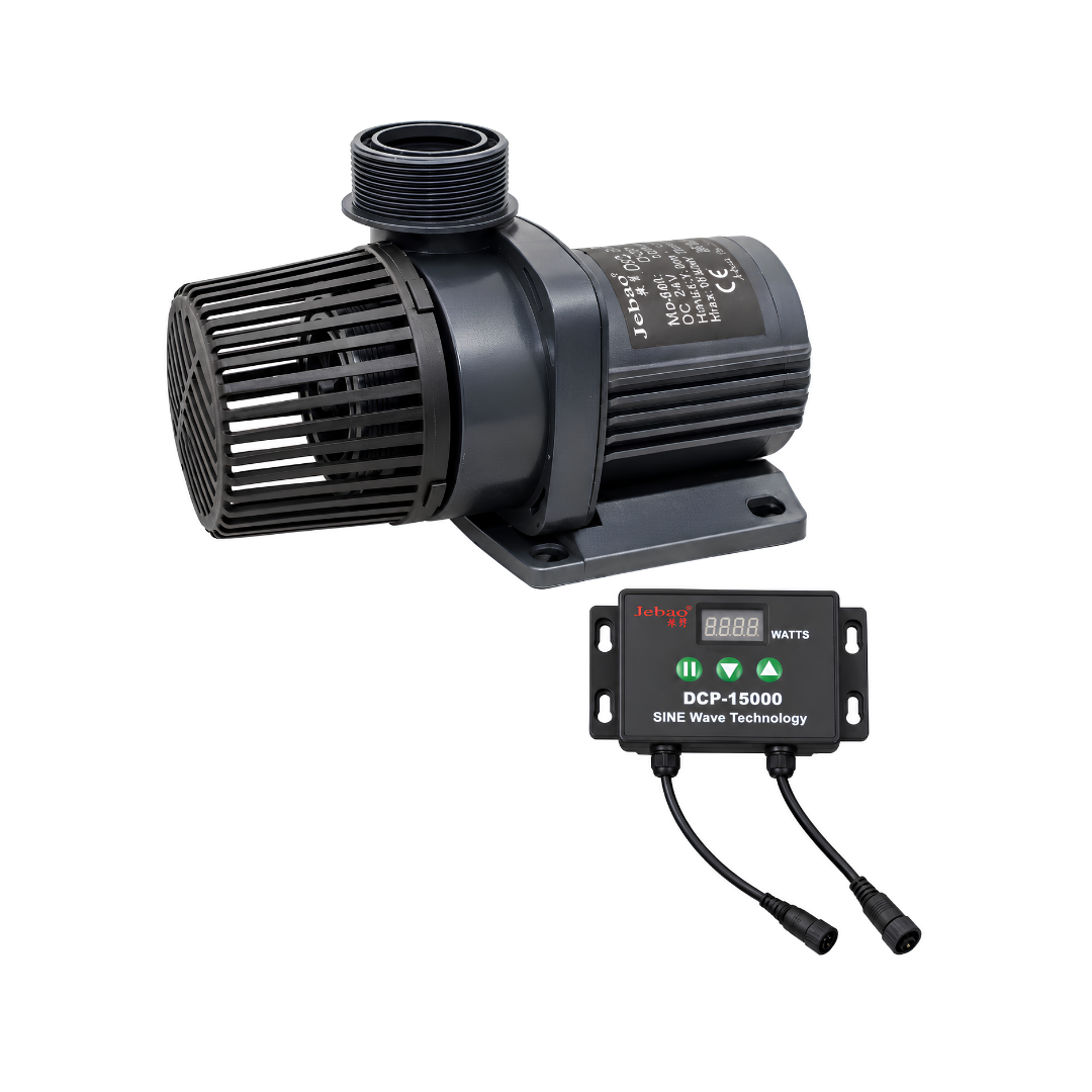 Jebao DC Sine Wave Marine Water Pump DCP-15000 and DCP-20000 with adjustable flow controller, energy-efficient DC motor and dry-run protection for marine aquariums, freshwater systems and ponds.