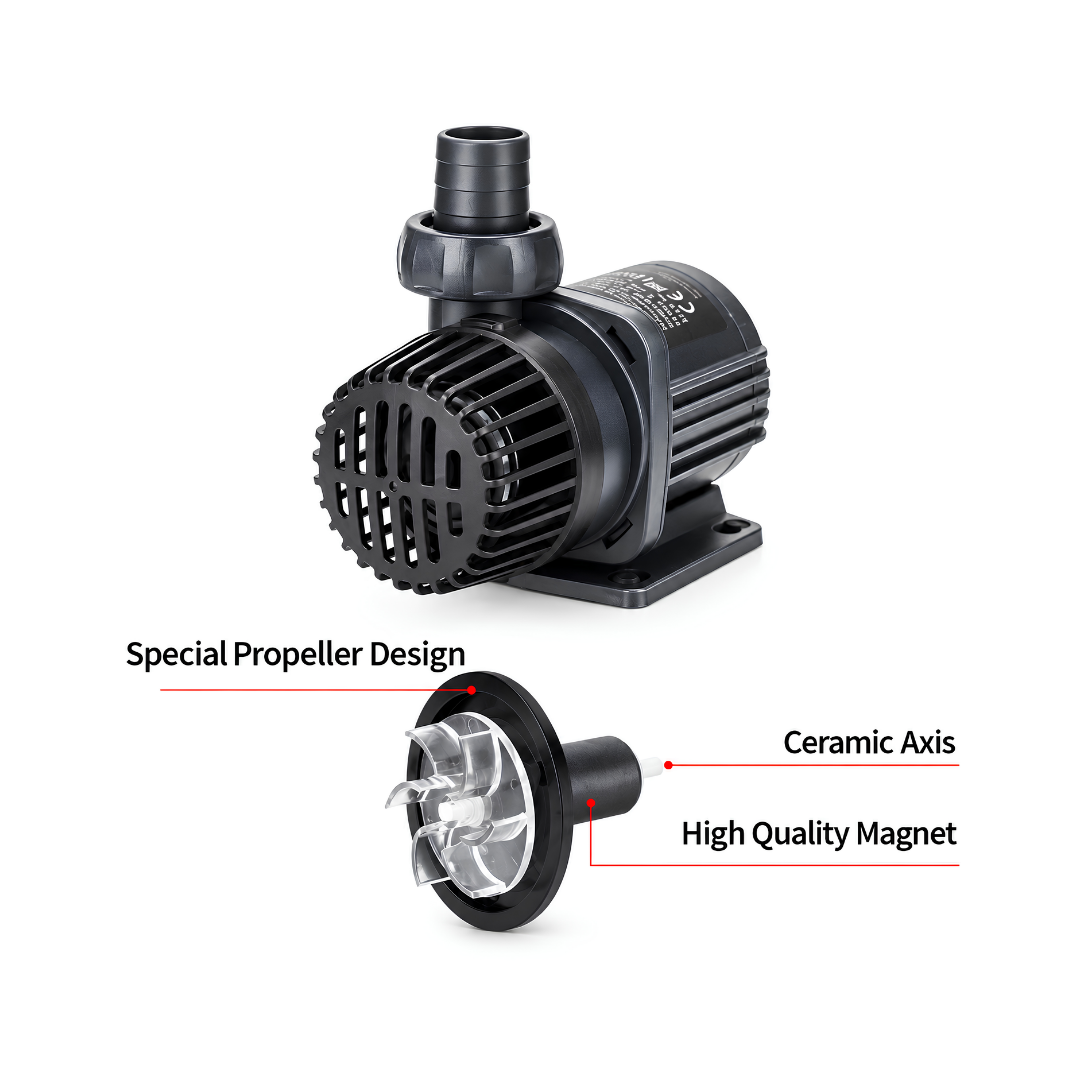 Jebao DC Sine Wave Marine Water Pump DCP-15000 and DCP-20000 with adjustable flow controller, energy-efficient DC motor and dry-run protection for marine aquariums, freshwater systems and ponds.