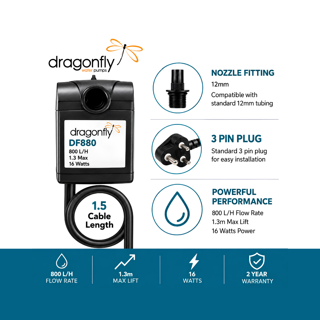 Dragonfly DF880 16W submersible pond and fountain pump with 800L/h maximum flow and 1.3m head for water features, aquariums and small ponds