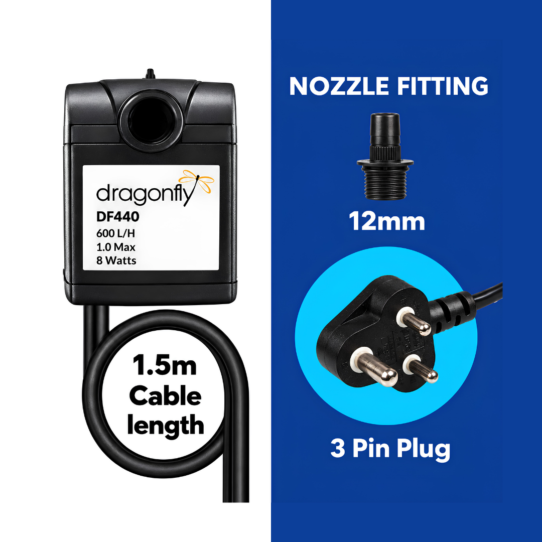 DragonFly DF440 500L/h submersible pond and fountain water pump with 0.9m maximum head for water features, aquariums and koi ponds