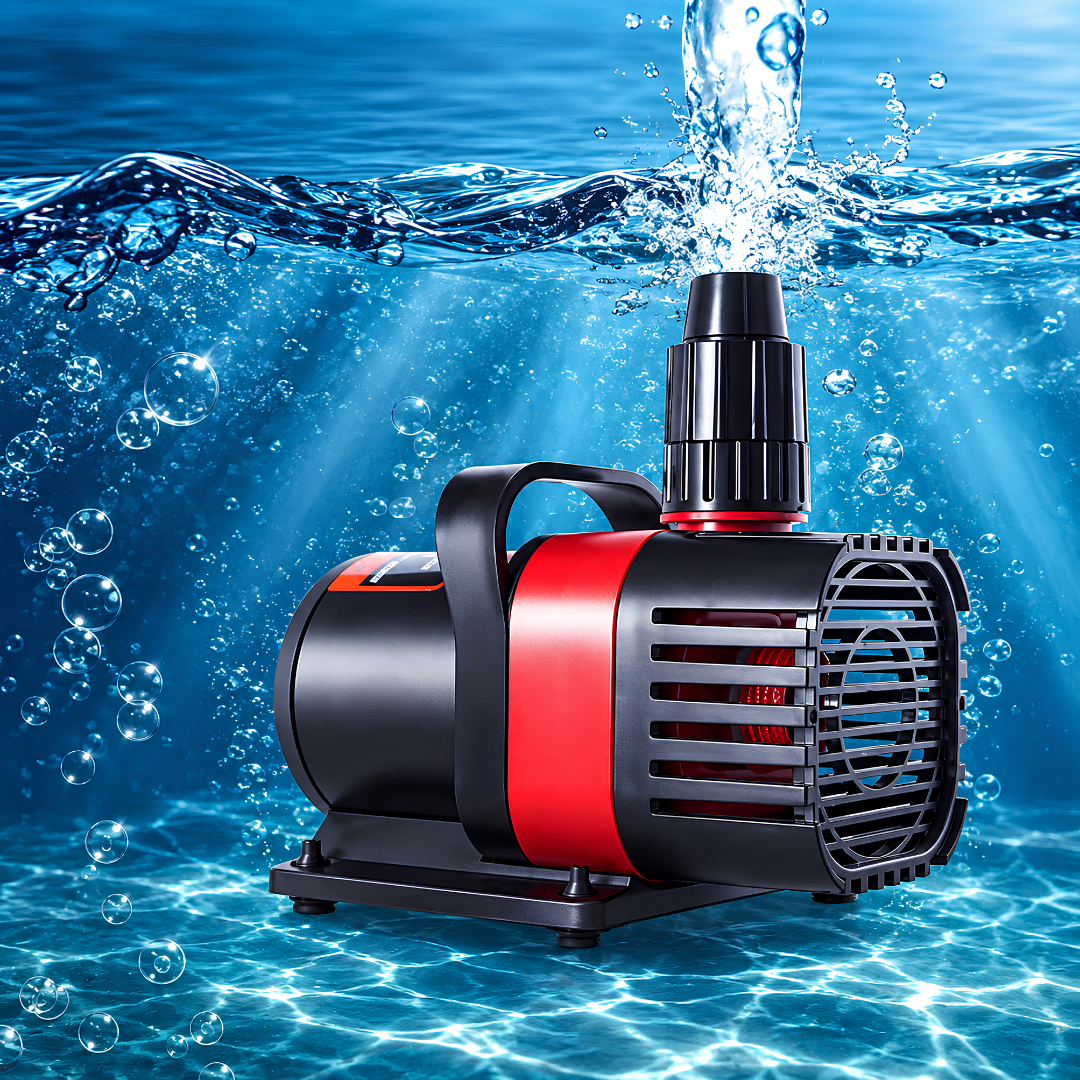 Eco Amphibious 24V DC Water Pump with 3000 L/h maximum flow rate, 4m head height, 25W energy-efficient motor and 10-stage adjustable controller for ponds, fountains and water features.