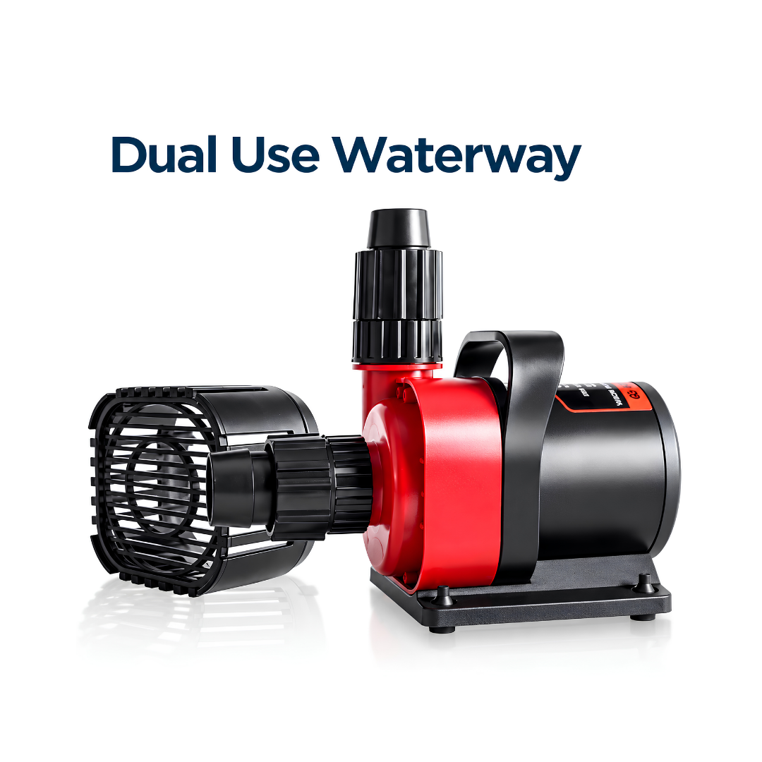 Eco Amphibious 24V DC Water Pump with 5000 L/h maximum flow rate, 5m head height, 40W energy-efficient motor and 10-stage adjustable controller for ponds, fountains and water features.