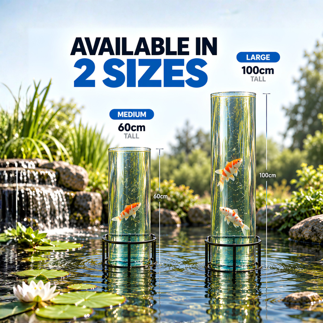 Waterhouse Fish Tower for garden ponds, clear acrylic koi and ornamental fish viewing tower with metal support stand, allowing pond fish to swim above the water surface. Available in 60cm medium and 100cm large sizes.