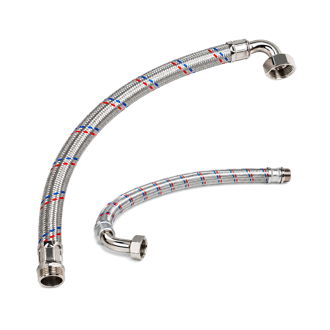 Stainless steel flexible hose connector 25mm x 800mm, durable flexible plumbing hose for connecting water pressure booster pumps, pressure tanks, JoJo tank systems and domestic water supply fittings.