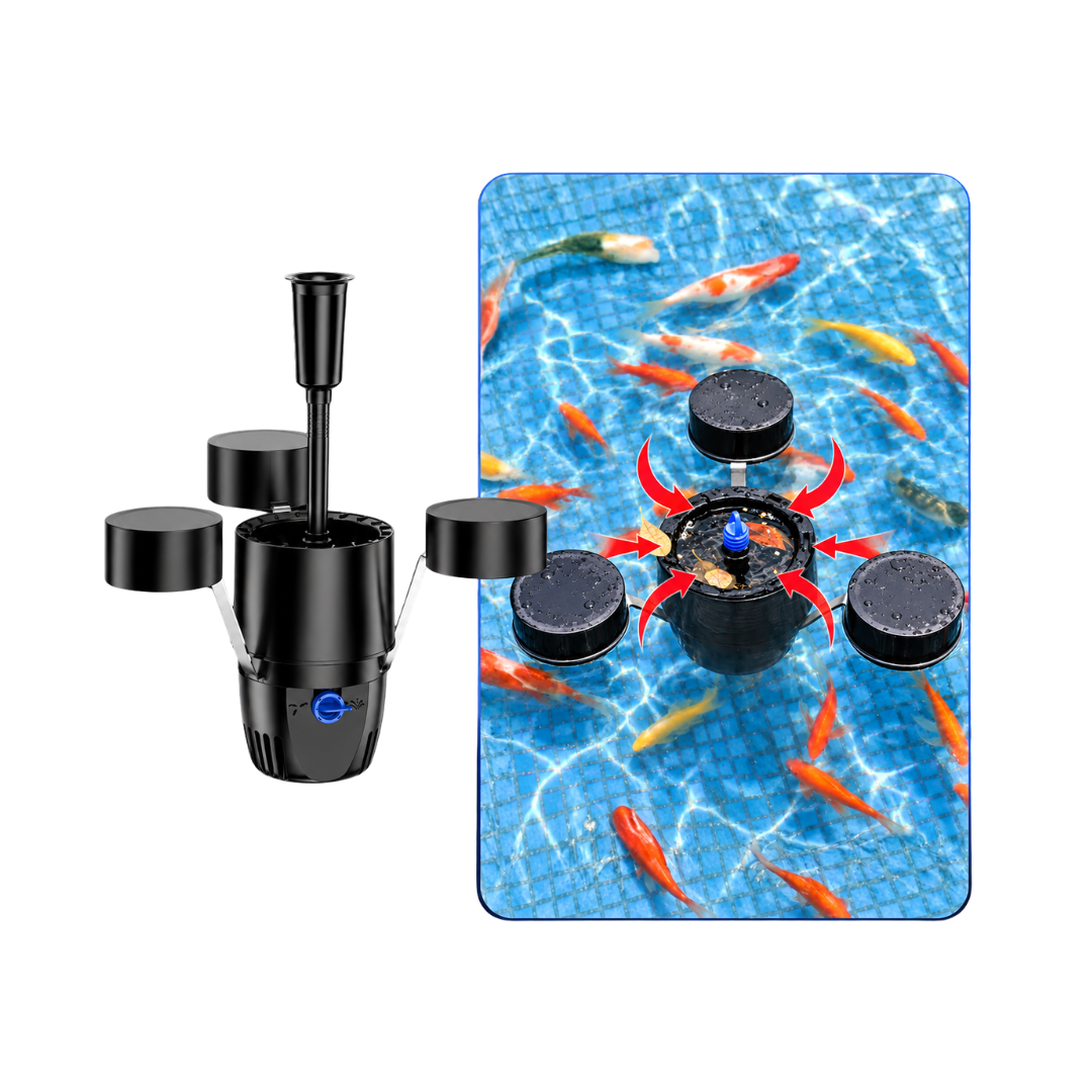 Floating Pond Skimmer with Fountain Pump for removing surface debris while creating a decorative water display in ponds and water features
