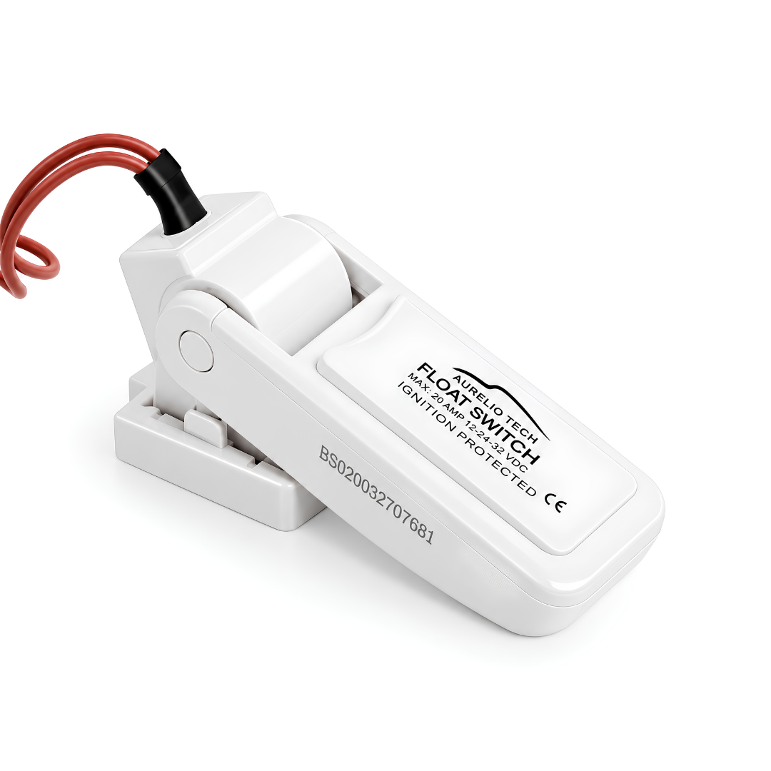 Heavy-duty 12V 24V 32V DC automatic float switch for bilge and submersible water pumps, with 1m cable, 51mm pump activation level and 19mm shut-off level for automatic water level control.