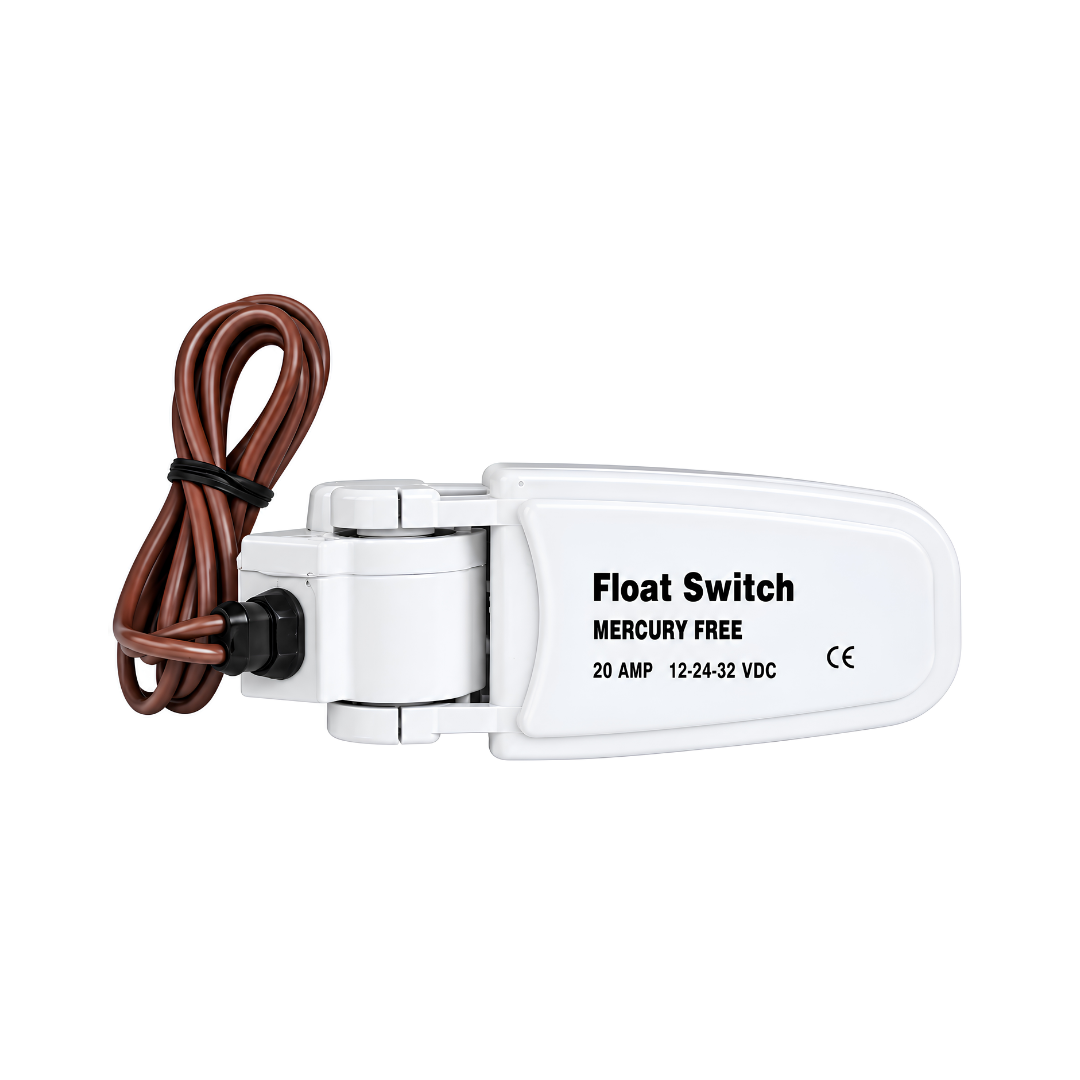 Heavy-duty 12V 24V 32V DC automatic float switch for bilge and submersible water pumps, with 1m cable, 51mm pump activation level and 19mm shut-off level for automatic water level control.