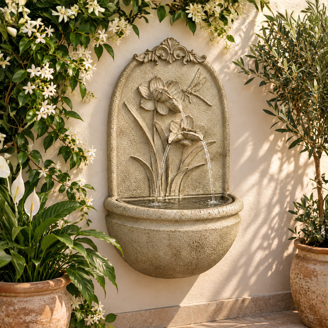 Floral wall mounted water feature with flower and dragonfly design, stone-look finish and rounded basin for indoor or outdoor use