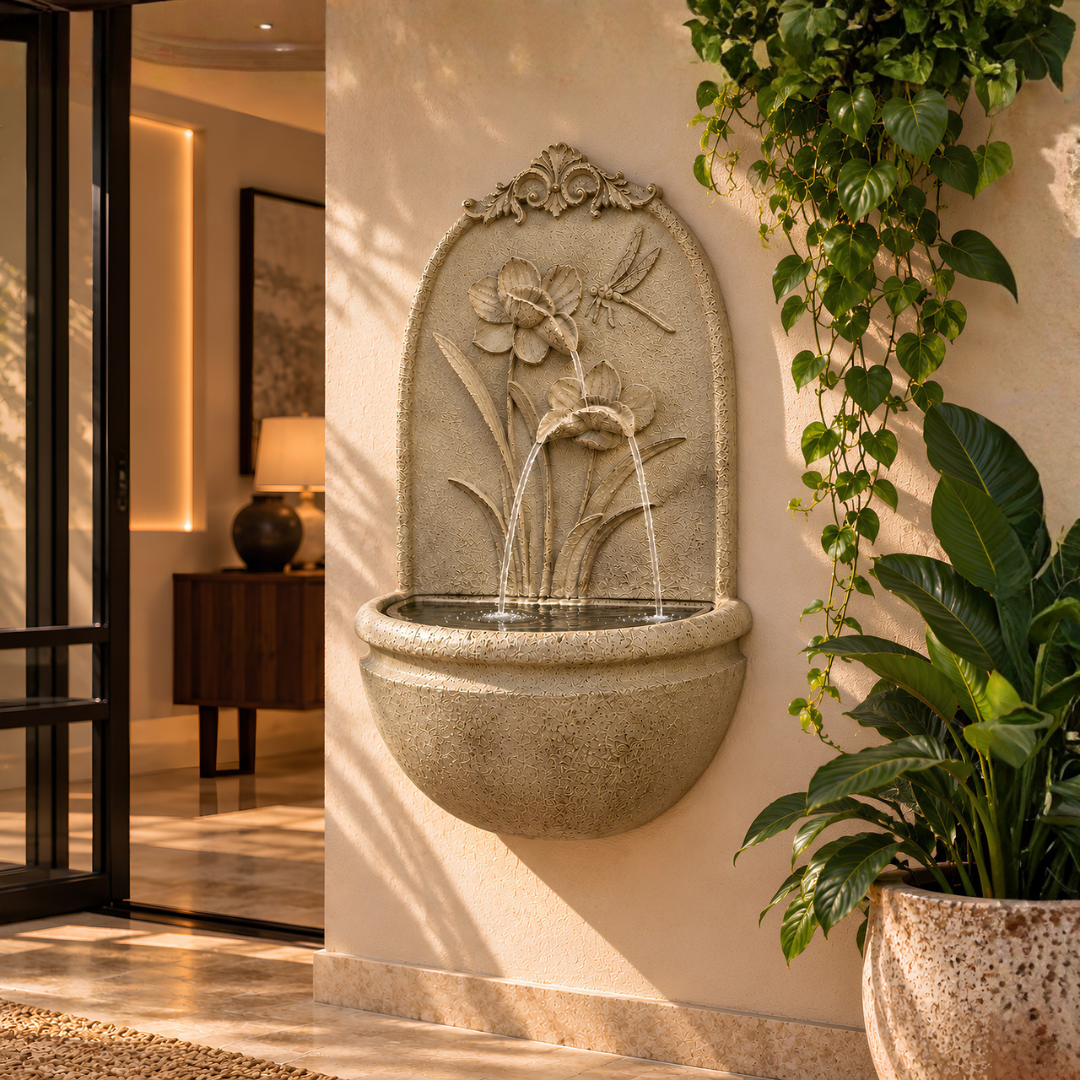 Floral wall mounted water feature with flower and dragonfly design, stone-look finish and rounded basin for indoor or outdoor use