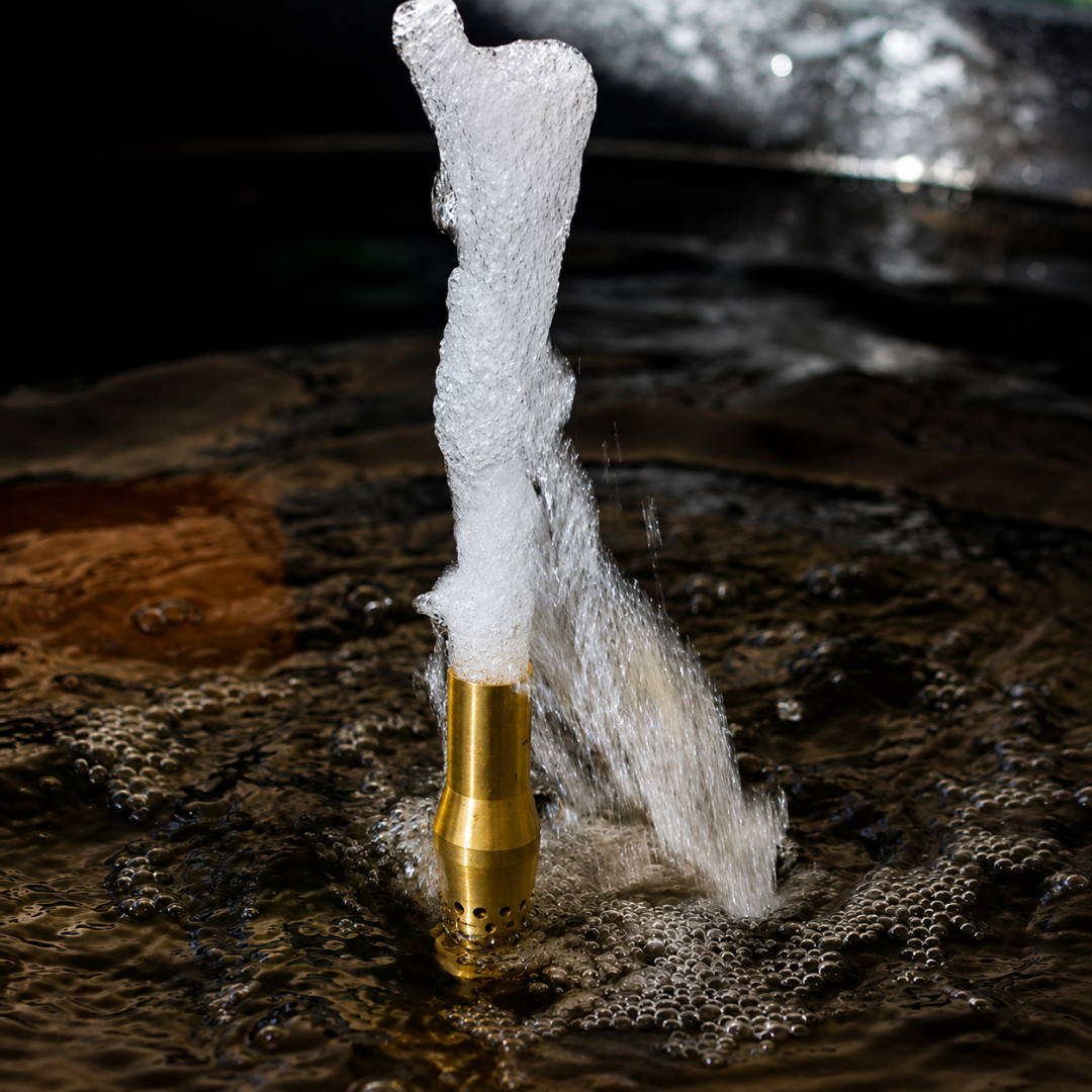 Frothy Aerated Fountain Nozzle for creating soft, highly aerated water displays in ponds, garden fountains and decorative water features