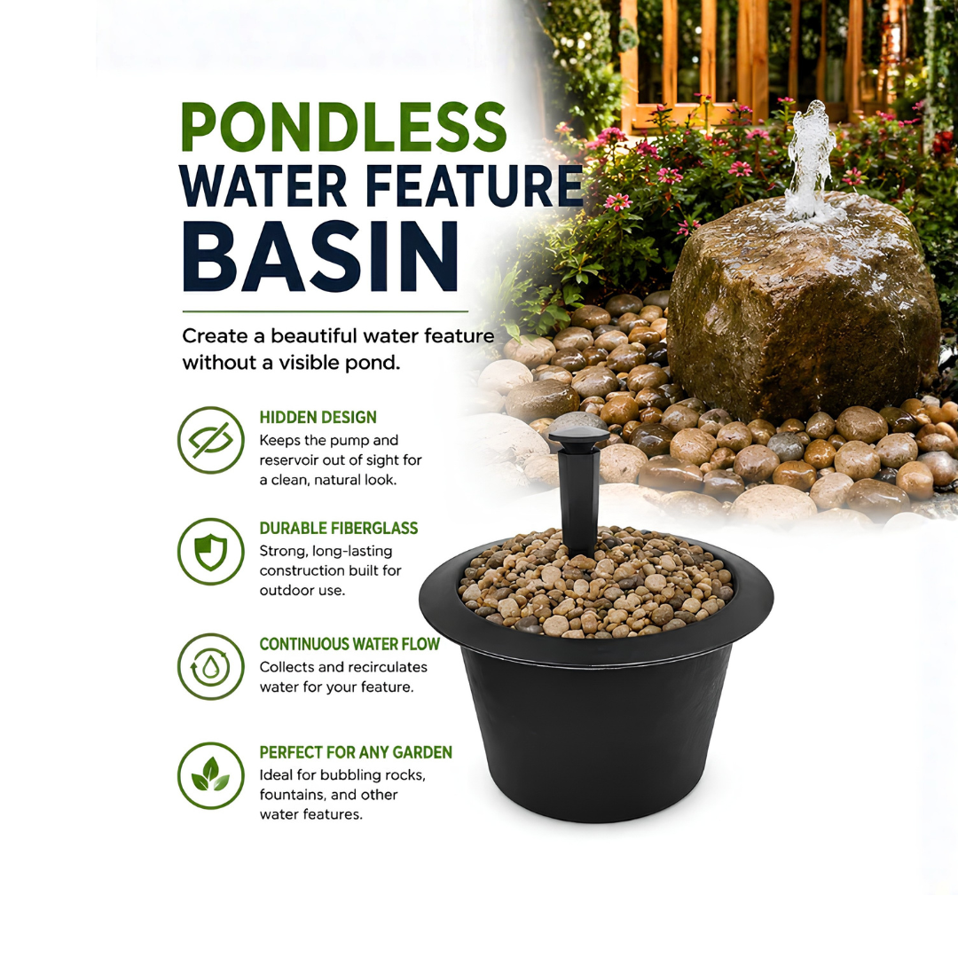 80cm round fiberglass hidden pondless water feature basin and underground fountain reservoir for bubbling rocks, pebble fountains and garden water features
