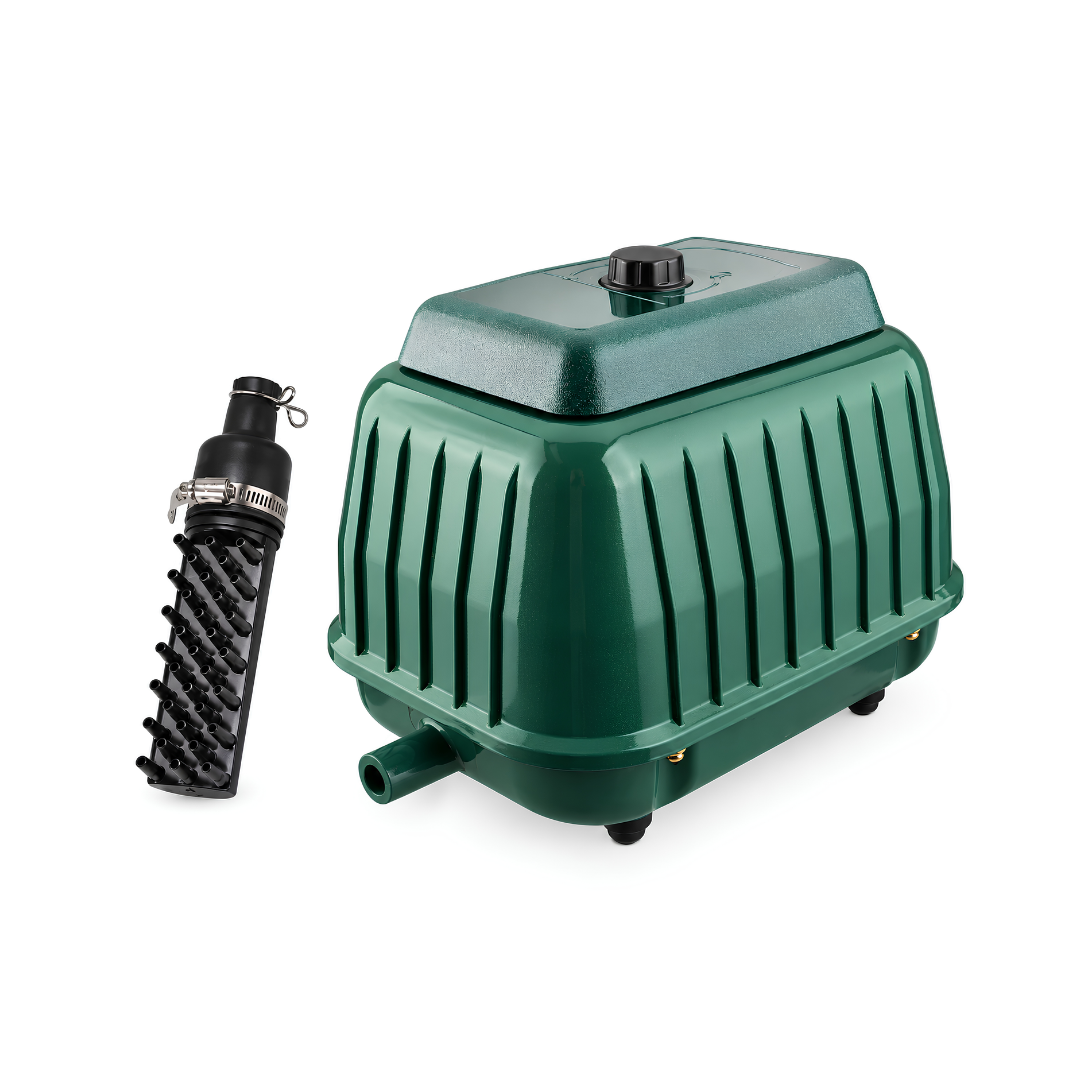 High Power 100W diaphragm air pump delivering 140L/min (8400L/h) with 0.042 MPa pressure, aluminium housing and included 32-port air manifold for pond, aquarium and fish farm aeration.