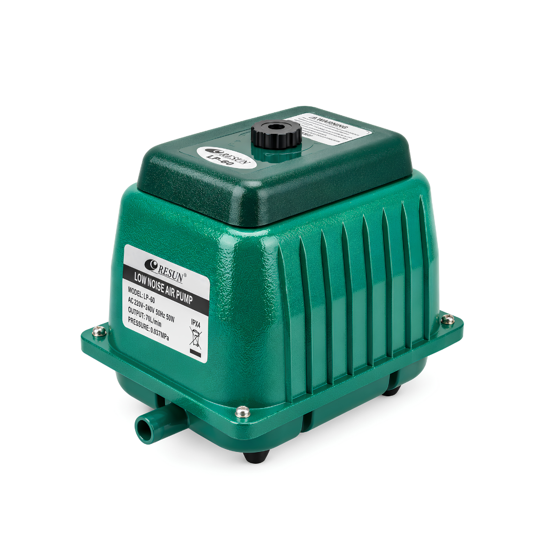 High Power 100W diaphragm air pump delivering 140L/min (8400L/h) with 0.042 MPa pressure, aluminium housing and included 32-port air manifold for pond, aquarium and fish farm aeration.