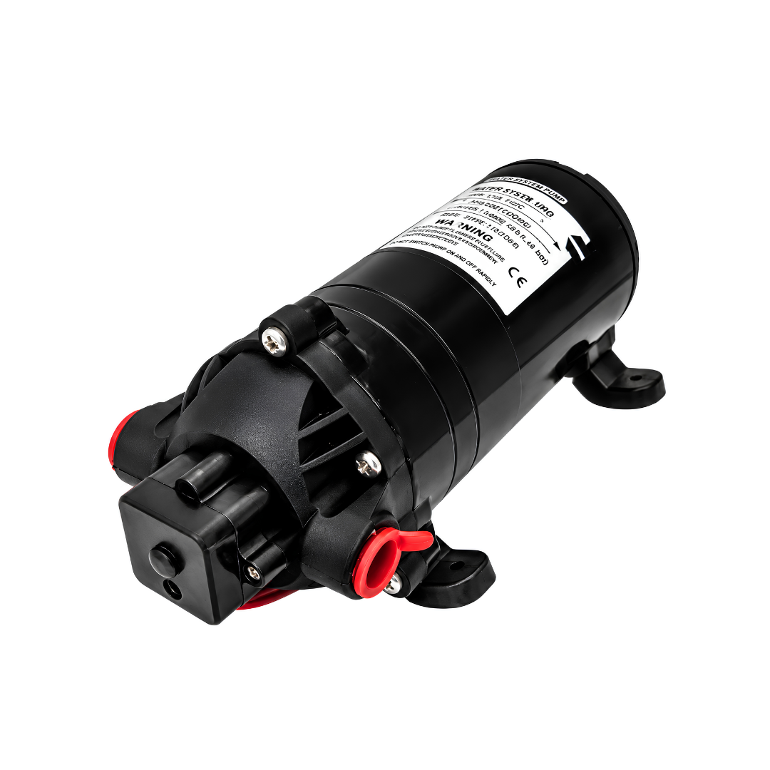 High 11 bar Pressure 12V DC Diaphragm Pump with 5.5 L/min flow rate, 160 PSI maximum pressure, automatic pressure switch and self-priming design for portable car washing, agricultural spraying and patio misting.