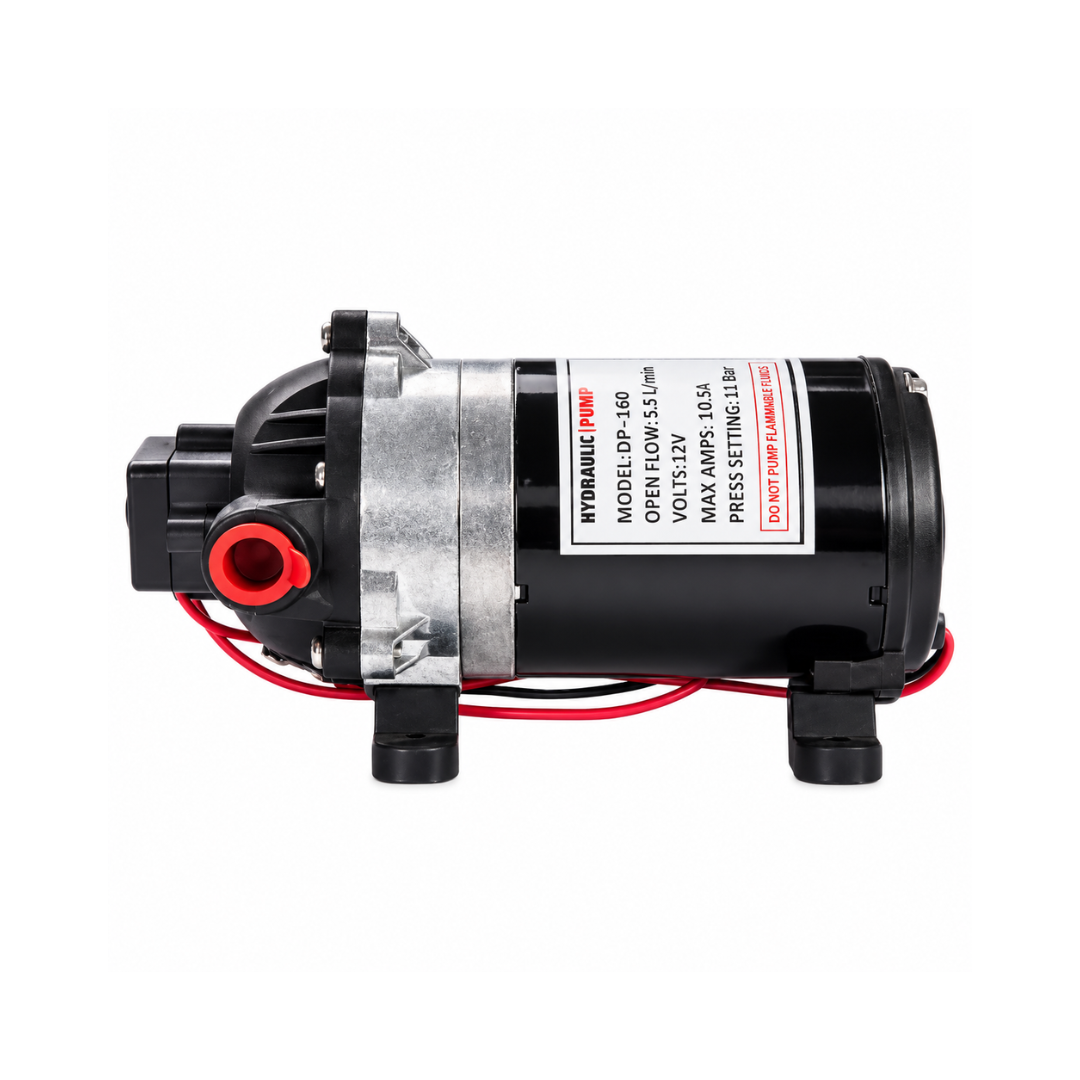 High Pressure 7 Bar 24 Volt Water Diaphragm Pump with 5 L/min flow rate, 100 PSI maximum pressure, automatic pressure switch, self-priming design and 10mm hose connection for car washing, agricultural spraying and misting systems.