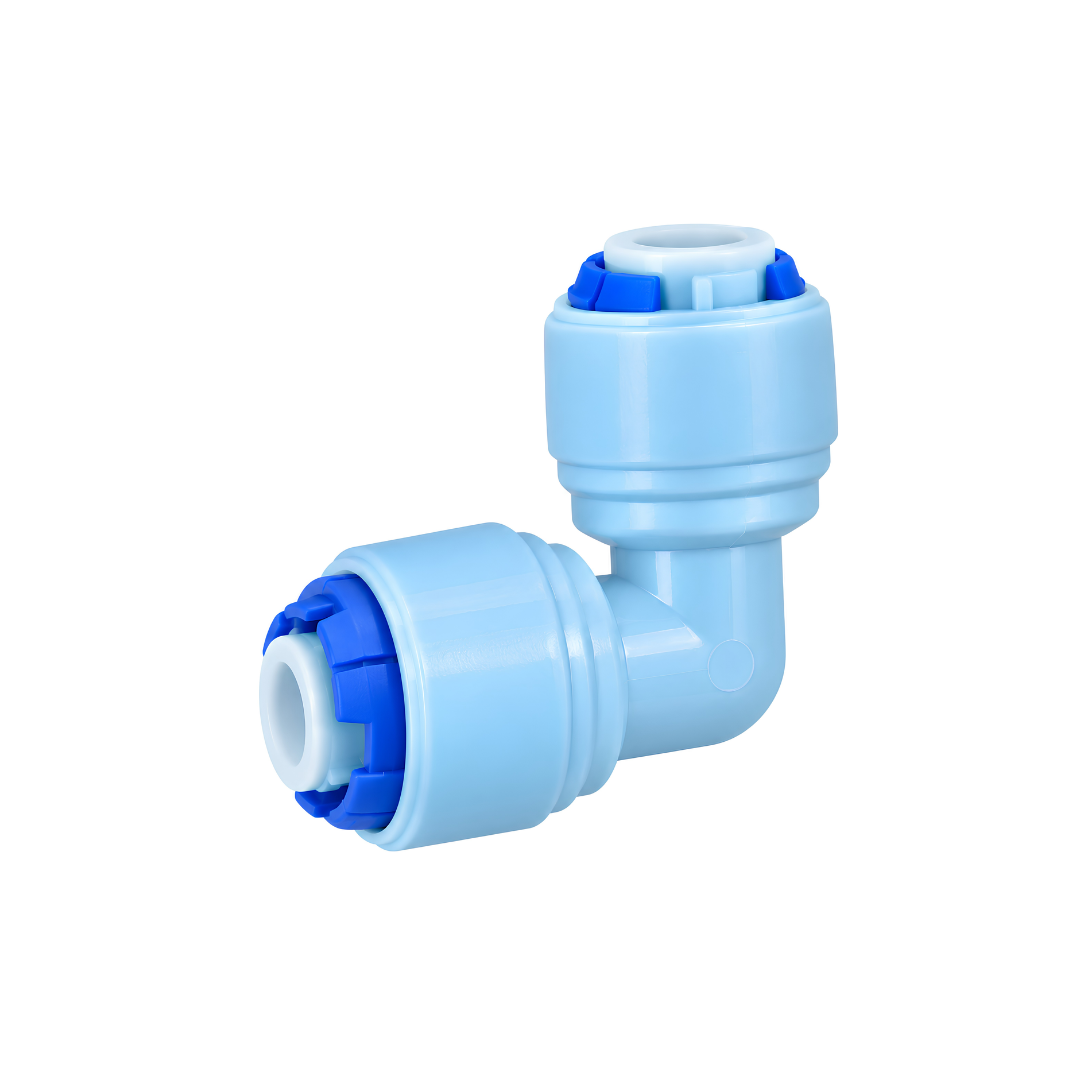 High Pressure RO Elbow Fitting 1/4 inch with 90-degree push-fit connections, designed for reverse osmosis water tubing, filtration systems and high-pressure misting installations.