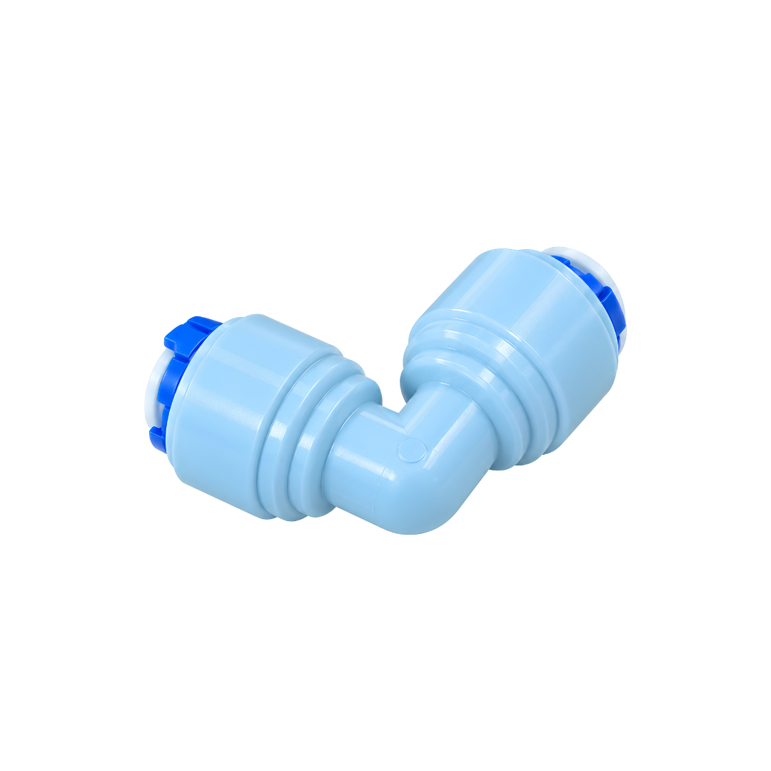 High Pressure RO Elbow Fitting 1/4 inch with 90-degree push-fit connections, designed for reverse osmosis water tubing, filtration systems and high-pressure misting installations.