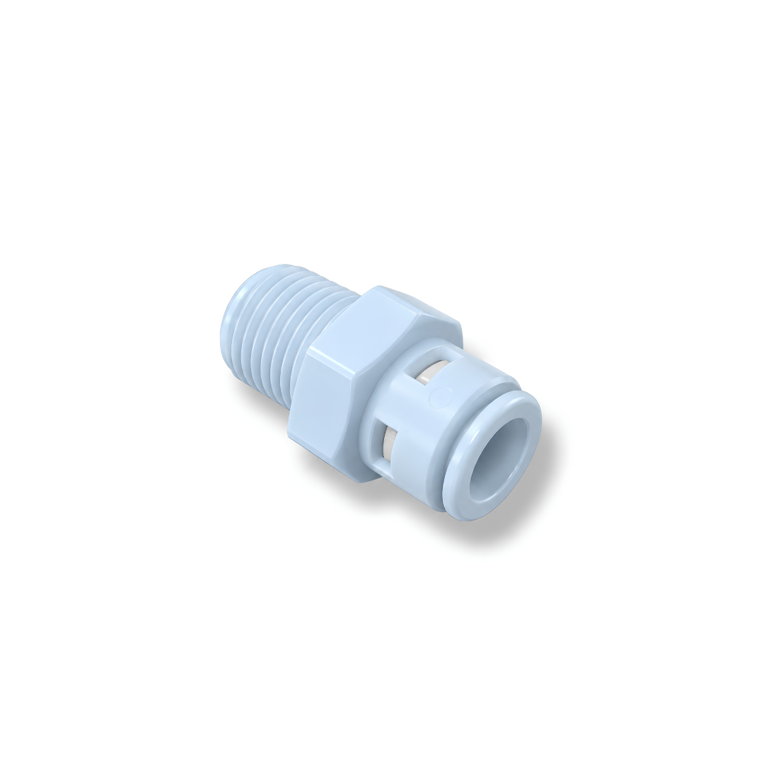High Pressure RO Male Adapter Fitting 1/4 inch with push-fit tubing connection and external male thread, designed for connecting reverse osmosis water tubing to threaded fittings in filtration and misting systems.