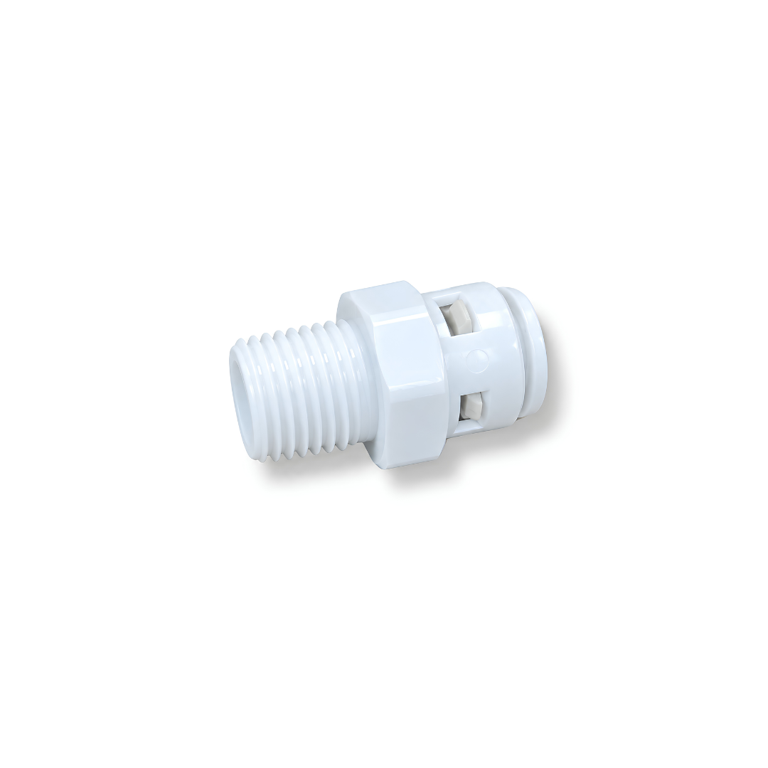High Pressure RO Male Adapter Fitting 1/4 inch with push-fit tubing connection and external male thread, designed for connecting reverse osmosis water tubing to threaded fittings in filtration and misting systems.