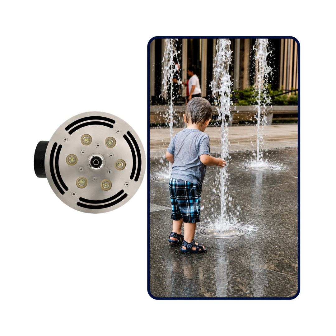 Flush-mounted 12mm stainless steel water play park and mall fountain deck jet nozzle with integrated 18W white LED light