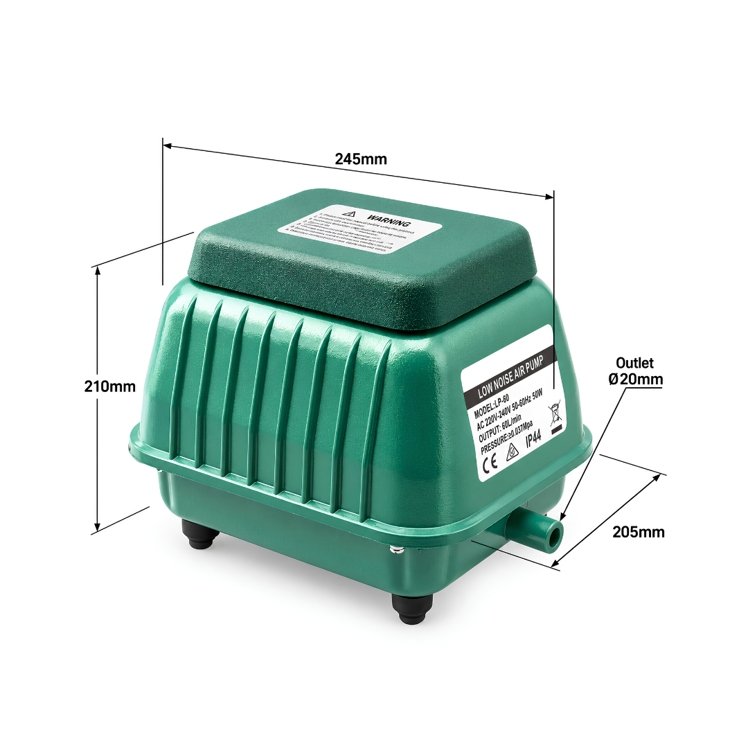 LP60 60W aluminium diaphragm air pump delivering 70L/min (4200L/h) with 0.037 MPa pressure and included 14-port air manifold for pond, aquarium and fish farm aeration.