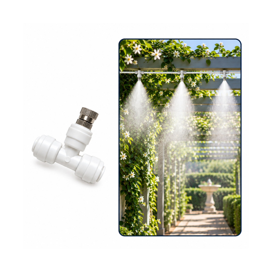 0.2mm ceramic misting nozzle with 1/4-inch T compression fitting for RO tubing, patio cooling, greenhouse humidification and misting systems